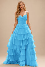 Rutipo Blue A-line Cowl Neck Chiffon Satin Layered Ruffle Prom Dress with Applique Slit