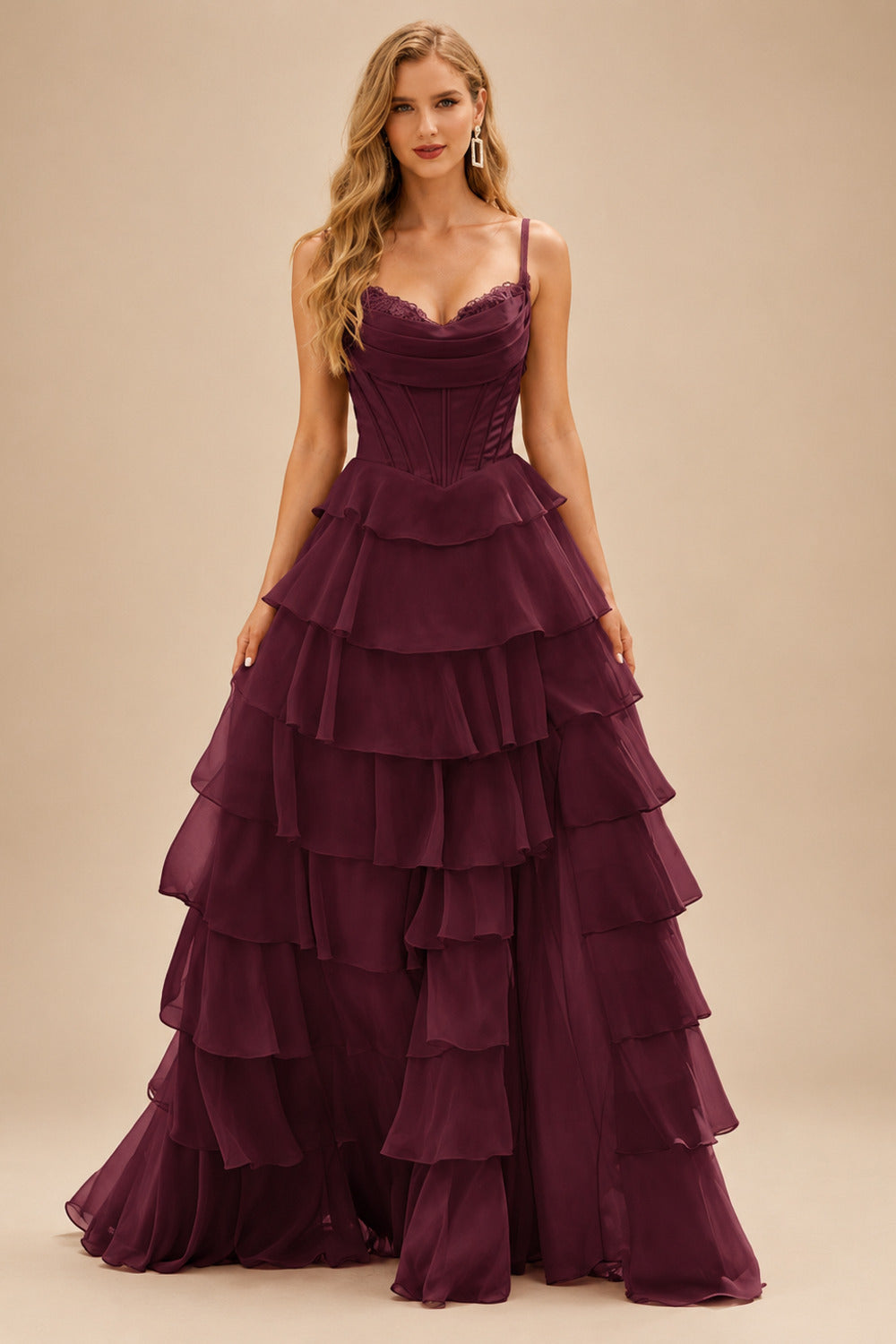 Rutipo Cabernet A-line Cowl Neck Chiffon Satin Layered Ruffle Prom Dress with Applique Slit