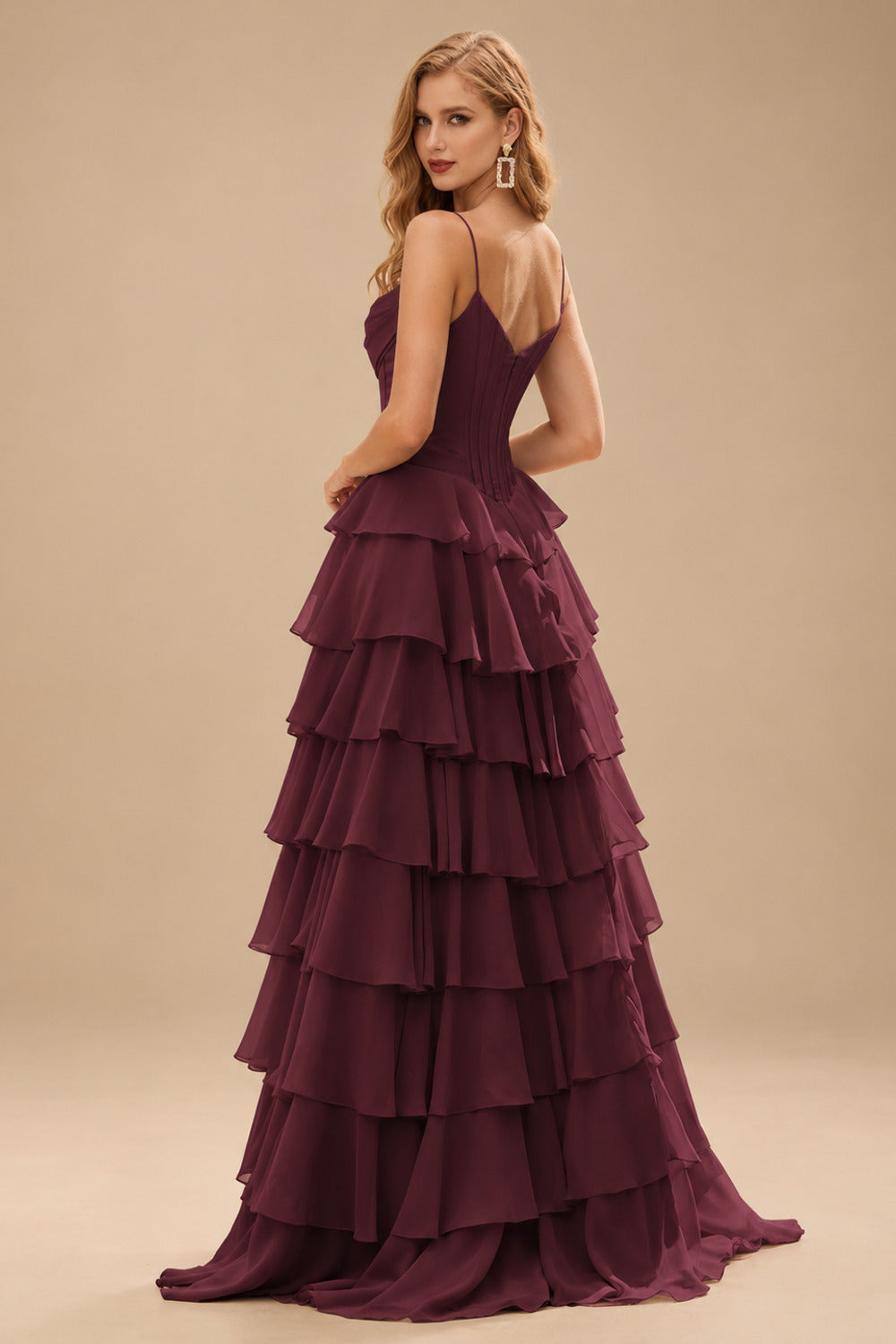 Rutipo Cabernet A-line Cowl Neck Chiffon Satin Layered Ruffle Prom Dress with Applique Slit
