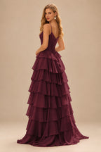 Rutipo Cabernet A-line Cowl Neck Chiffon Satin Layered Ruffle Prom Dress with Applique Slit
