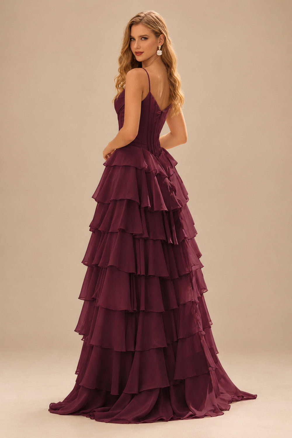 Rutipo Cabernet A-line Cowl Neck Chiffon Satin Layered Ruffle Prom Dress with Applique Slit