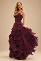 Rutipo Cabernet A-line Cowl Neck Chiffon Satin Layered Ruffle Prom Dress with Applique Slit