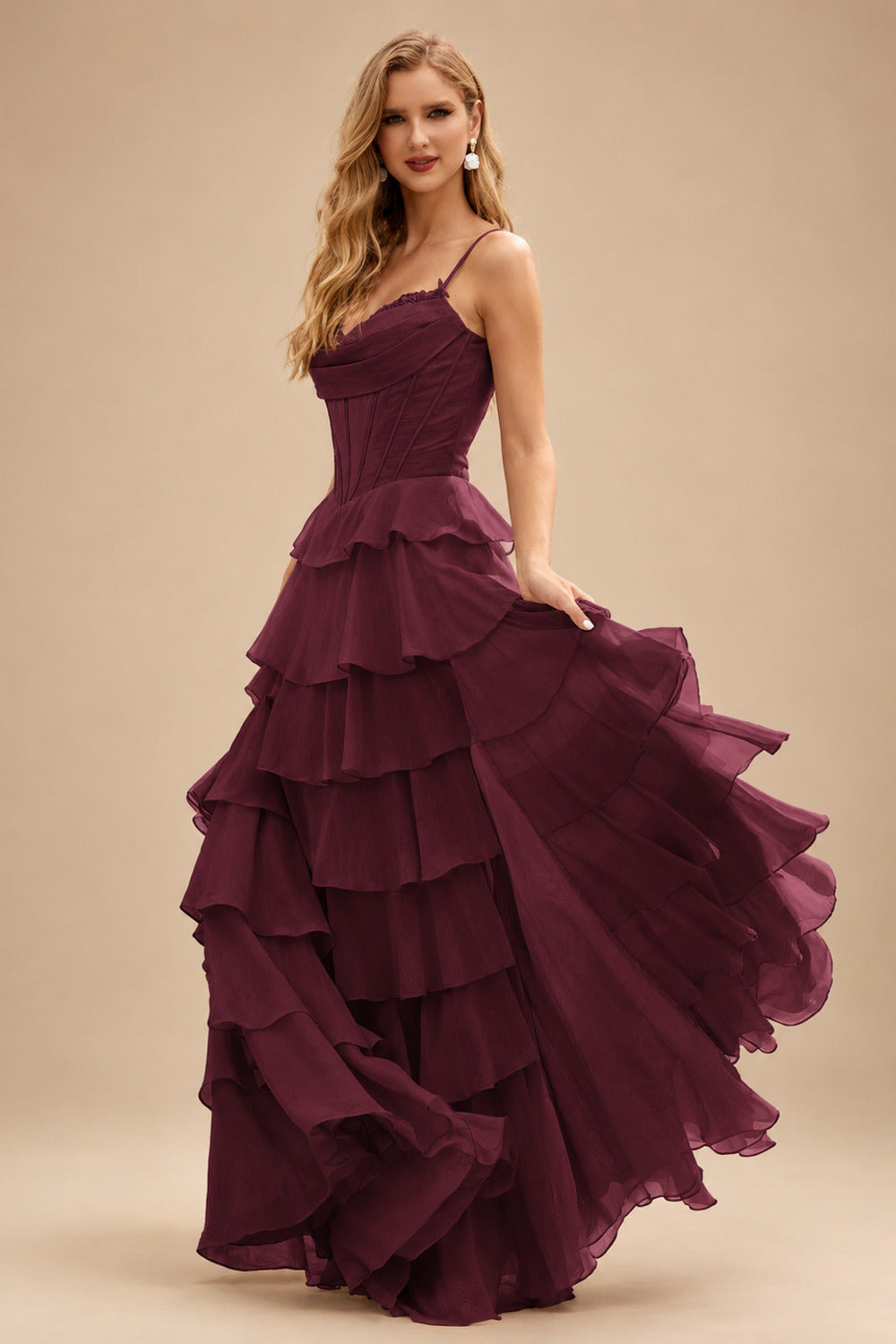 Rutipo Cabernet A-line Cowl Neck Chiffon Satin Layered Ruffle Prom Dress with Applique Slit