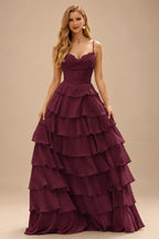 Rutipo Cabernet A-line Cowl Neck Chiffon Satin Layered Ruffle Prom Dress with Applique Slit