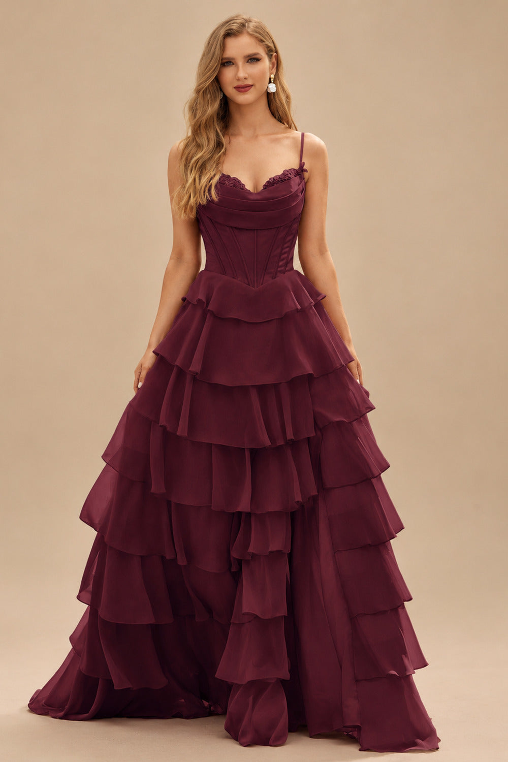 Rutipo Cabernet A-line Cowl Neck Chiffon Satin Layered Ruffle Prom Dress with Applique Slit
