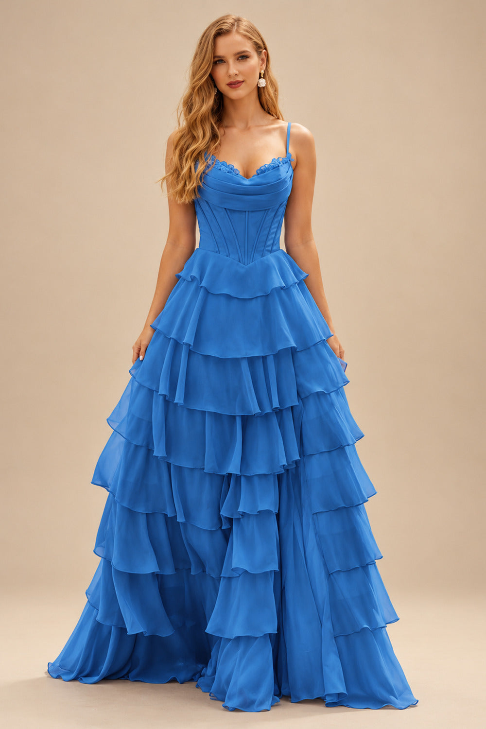 Rutipo Ocean Blue A-line Cowl Neck Chiffon Satin Layered Ruffle Prom Dress with Applique Slit