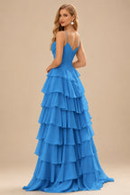 Rutipo Ocean Blue A-line Cowl Neck Chiffon Satin Layered Ruffle Prom Dress with Applique Slit