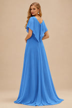 Rutipo Ocean Blue A-line Cowl Neck Chiffon Satin Layered Ruffle Prom Dress with Applique Slit
