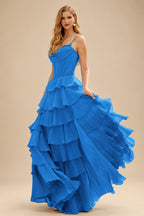 Rutipo Ocean Blue A-line Cowl Neck Chiffon Satin Layered Ruffle Prom Dress with Applique Slit
