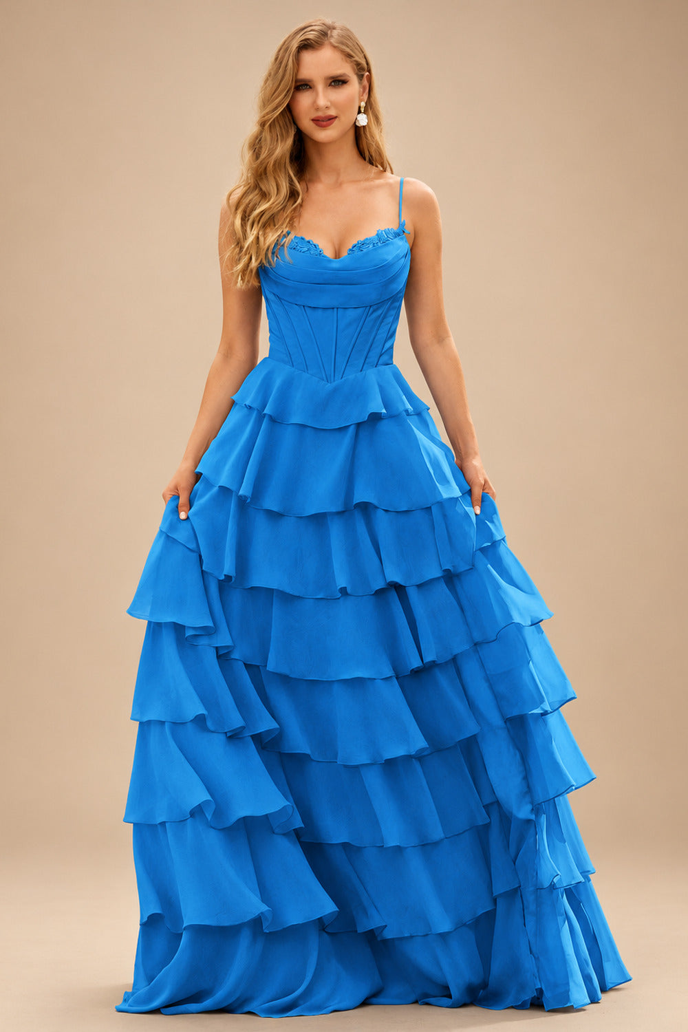 Rutipo Ocean Blue A-line Cowl Neck Chiffon Satin Layered Ruffle Prom Dress with Applique Slit