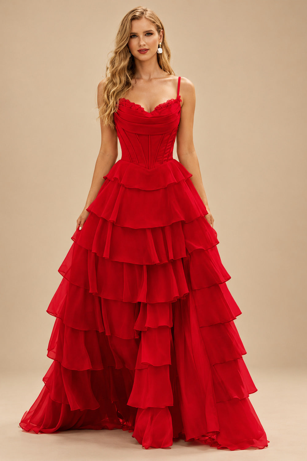 Rutipo Red A-line Cowl Neck Chiffon Satin Layered Ruffle Prom Dress with Applique Slit