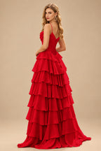 Rutipo Red A-line Cowl Neck Chiffon Satin Layered Ruffle Prom Dress with Applique Slit