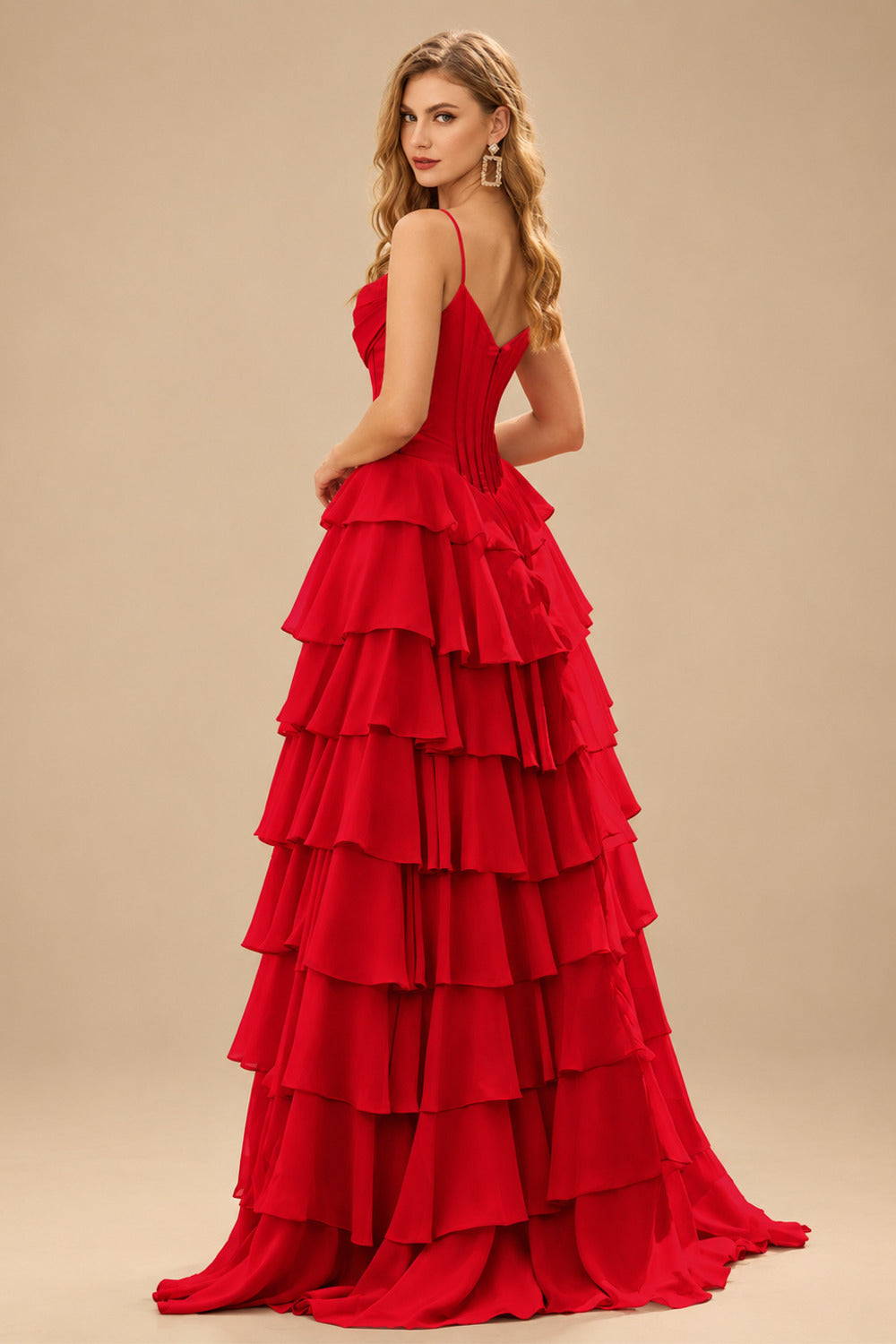 Rutipo Red A-line Cowl Neck Chiffon Satin Layered Ruffle Prom Dress with Applique Slit
