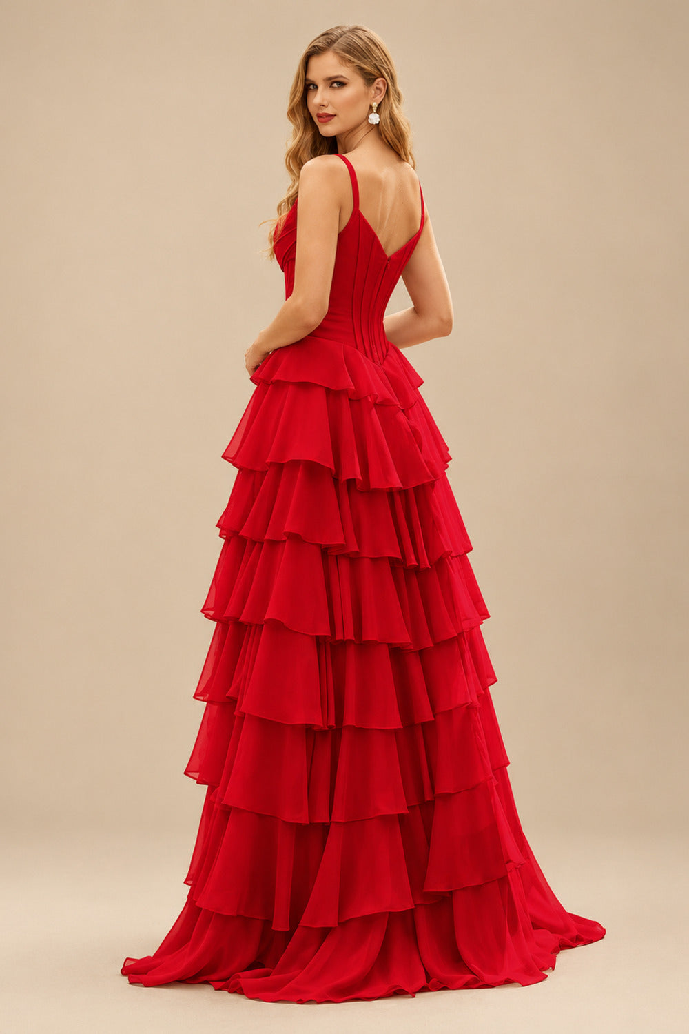 Rutipo Red A-line Cowl Neck Chiffon Satin Layered Ruffle Prom Dress with Applique Slit