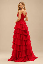 Rutipo Red A-line Cowl Neck Chiffon Satin Layered Ruffle Prom Dress with Applique Slit