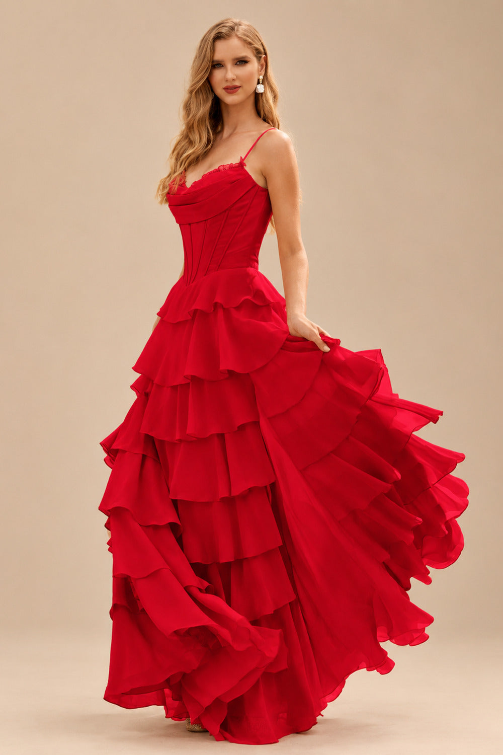 Rutipo Red A-line Cowl Neck Chiffon Satin Layered Ruffle Prom Dress with Applique Slit