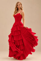 Rutipo Red A-line Cowl Neck Chiffon Satin Layered Ruffle Prom Dress with Applique Slit