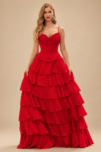 Rutipo Red A-line Cowl Neck Chiffon Satin Layered Ruffle Prom Dress with Applique Slit