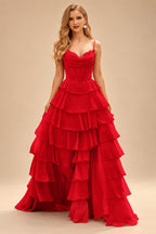 Rutipo Red A-line Cowl Neck Chiffon Satin Layered Ruffle Prom Dress with Applique Slit