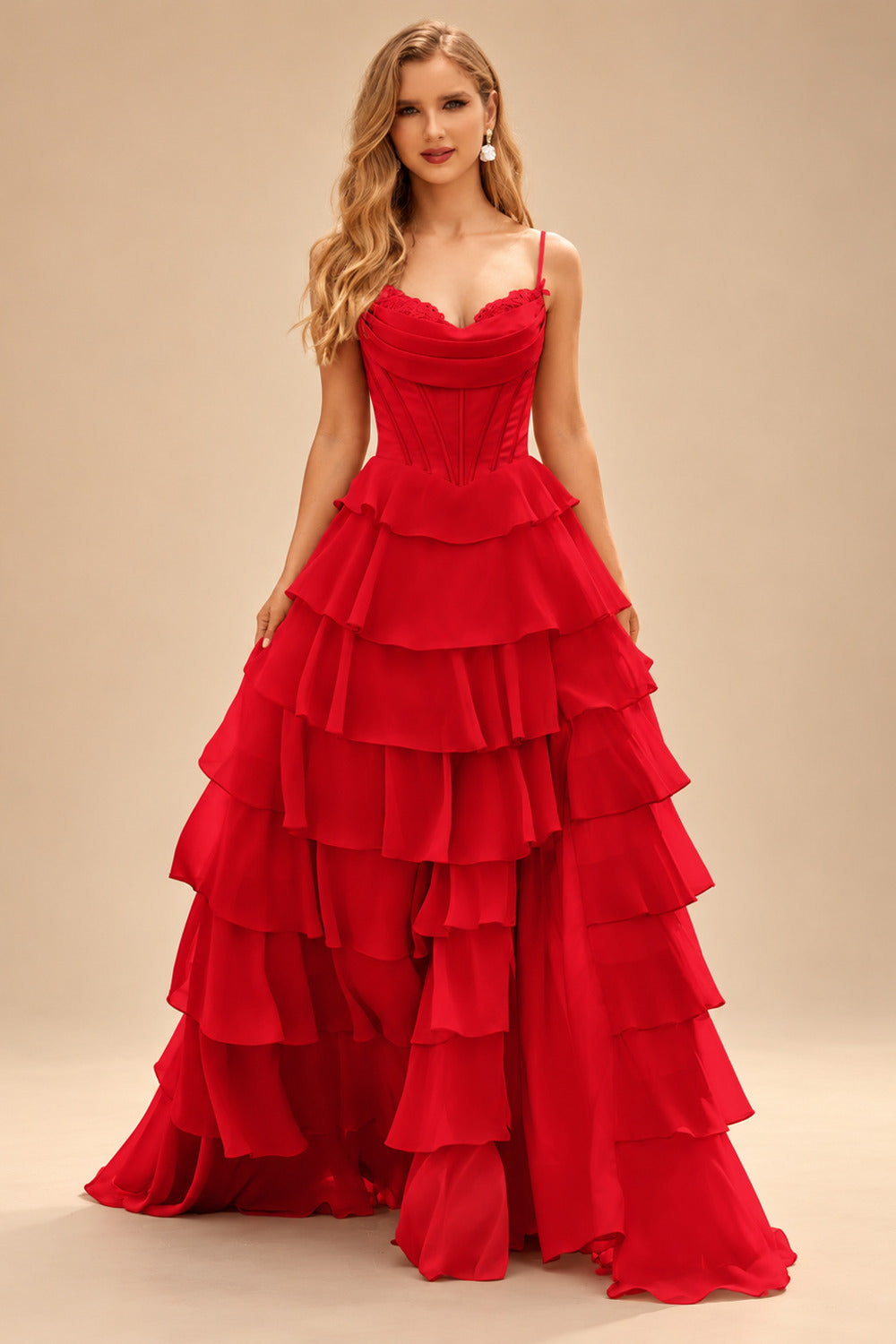 Rutipo Red A-line Cowl Neck Chiffon Satin Layered Ruffle Prom Dress with Applique Slit