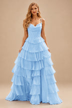 Rutipo Sky Blue A-line Cowl Neck Chiffon Satin Layered Ruffle Prom Dress with Applique Slit