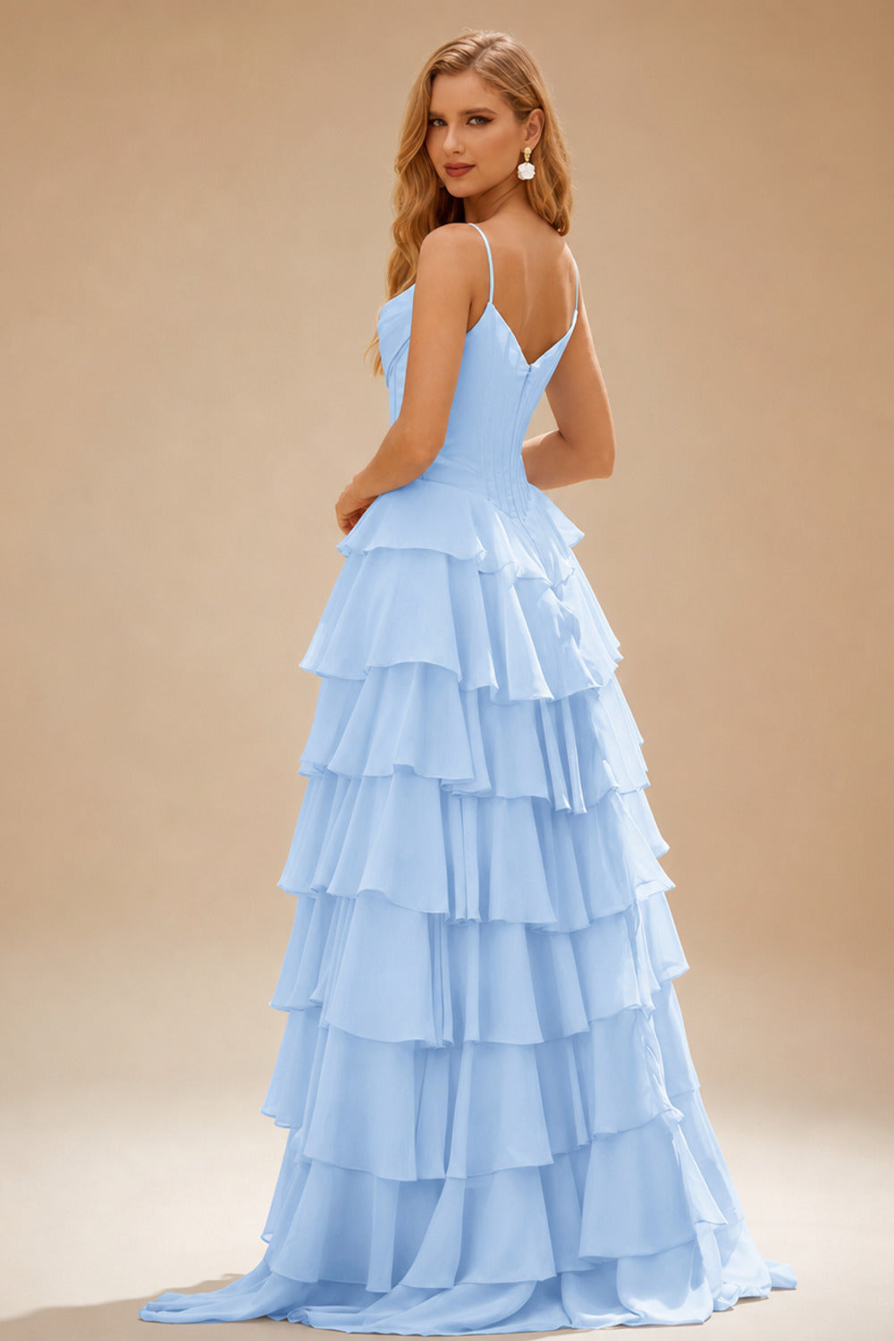 Rutipo Sky Blue A-line Cowl Neck Chiffon Satin Layered Ruffle Prom Dress with Applique Slit