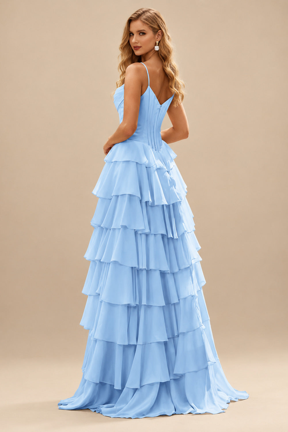 Rutipo Sky Blue A-line Cowl Neck Chiffon Satin Layered Ruffle Prom Dress with Applique Slit