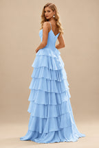 Rutipo Sky Blue A-line Cowl Neck Chiffon Satin Layered Ruffle Prom Dress with Applique Slit