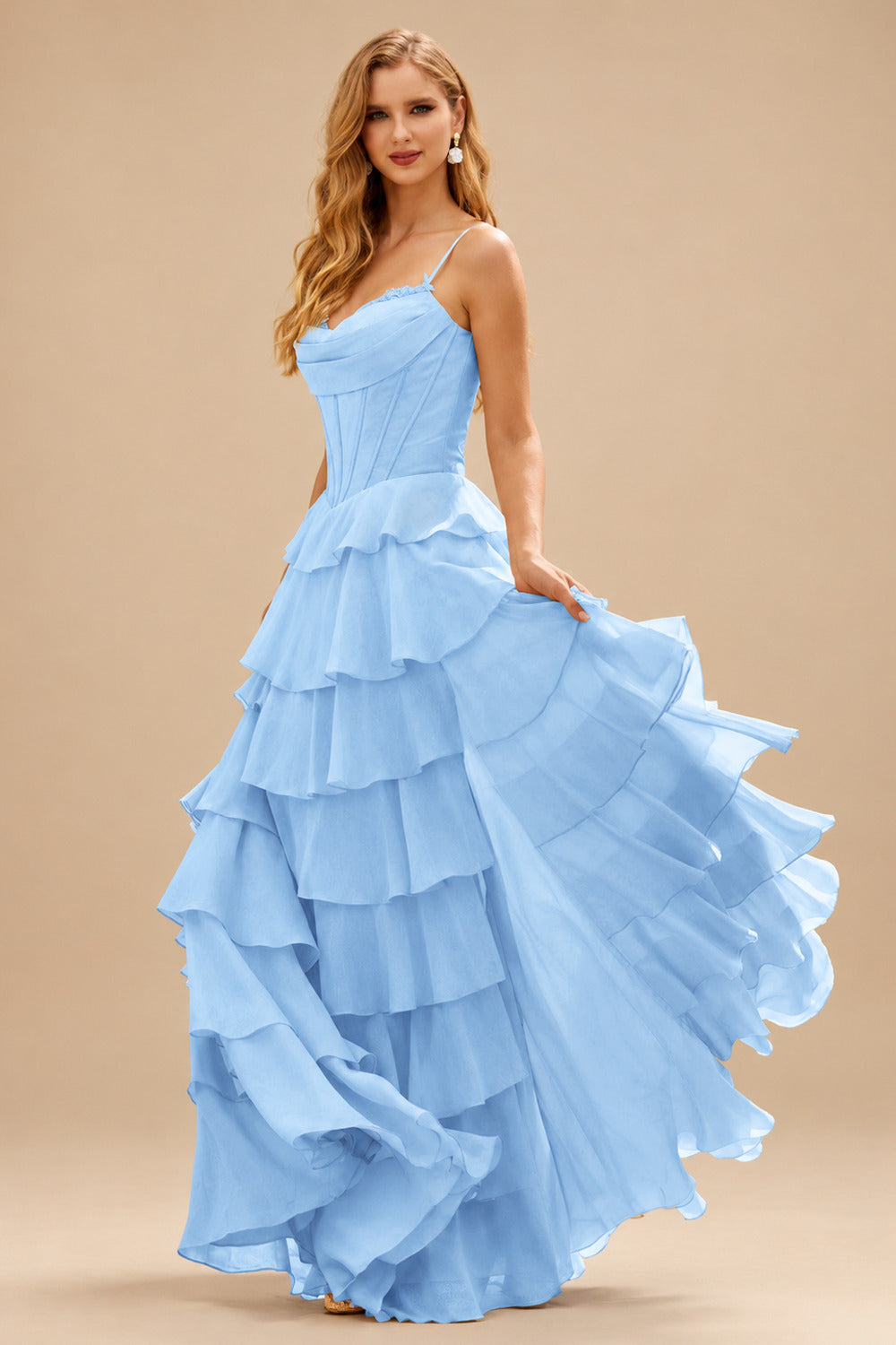 Rutipo Sky Blue A-line Cowl Neck Chiffon Satin Layered Ruffle Prom Dress with Applique Slit