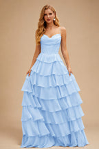 Rutipo Sky Blue A-line Cowl Neck Chiffon Satin Layered Ruffle Prom Dress with Applique Slit