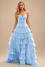 Rutipo Sky Blue A-line Cowl Neck Chiffon Satin Layered Ruffle Prom Dress with Applique Slit