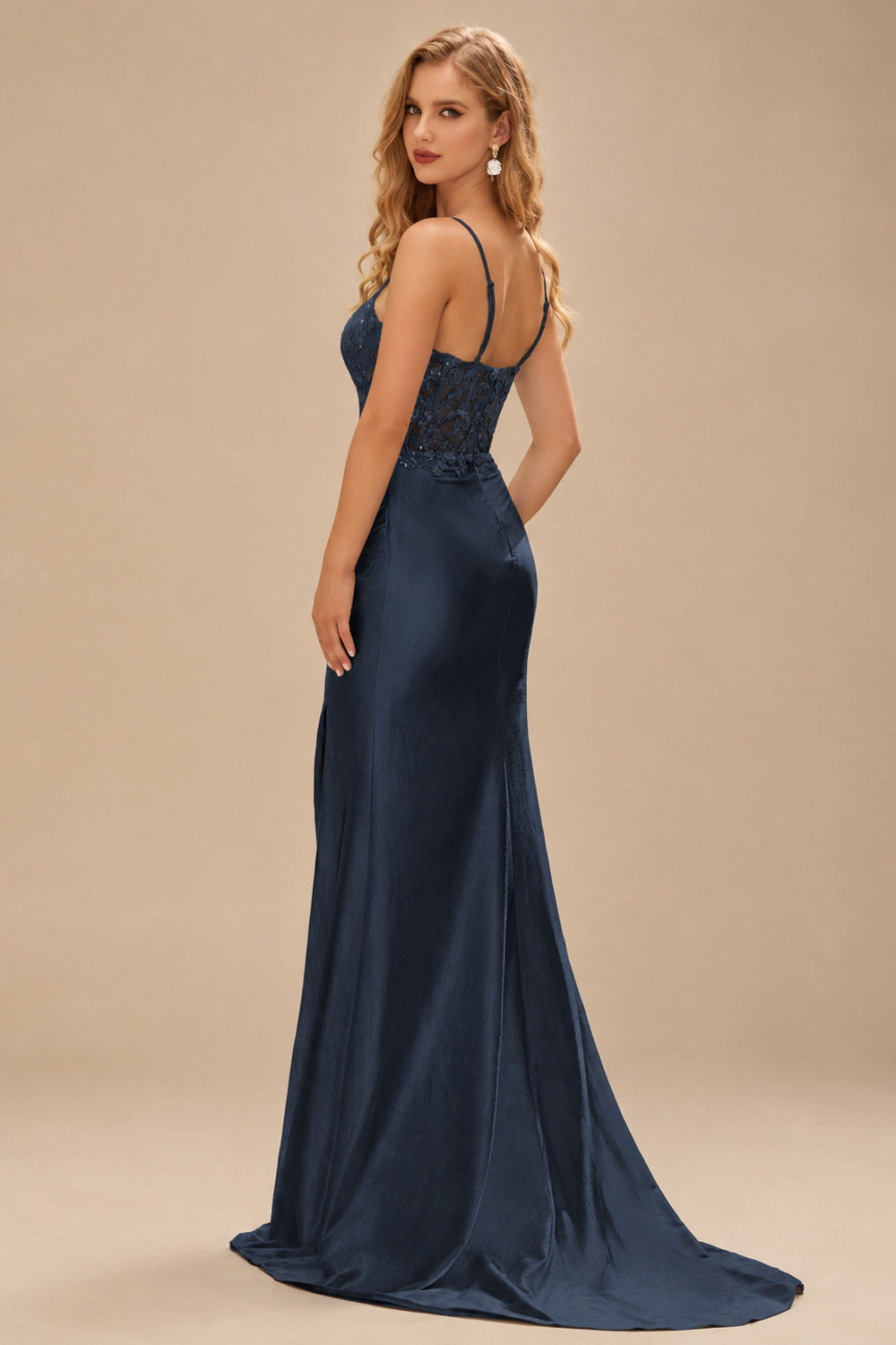 Rutipo Dark Navy Sheath/Column Sweetheart Silk like Satin Sweep Train Prom Dress with Appliqued Pleated Sequins Split