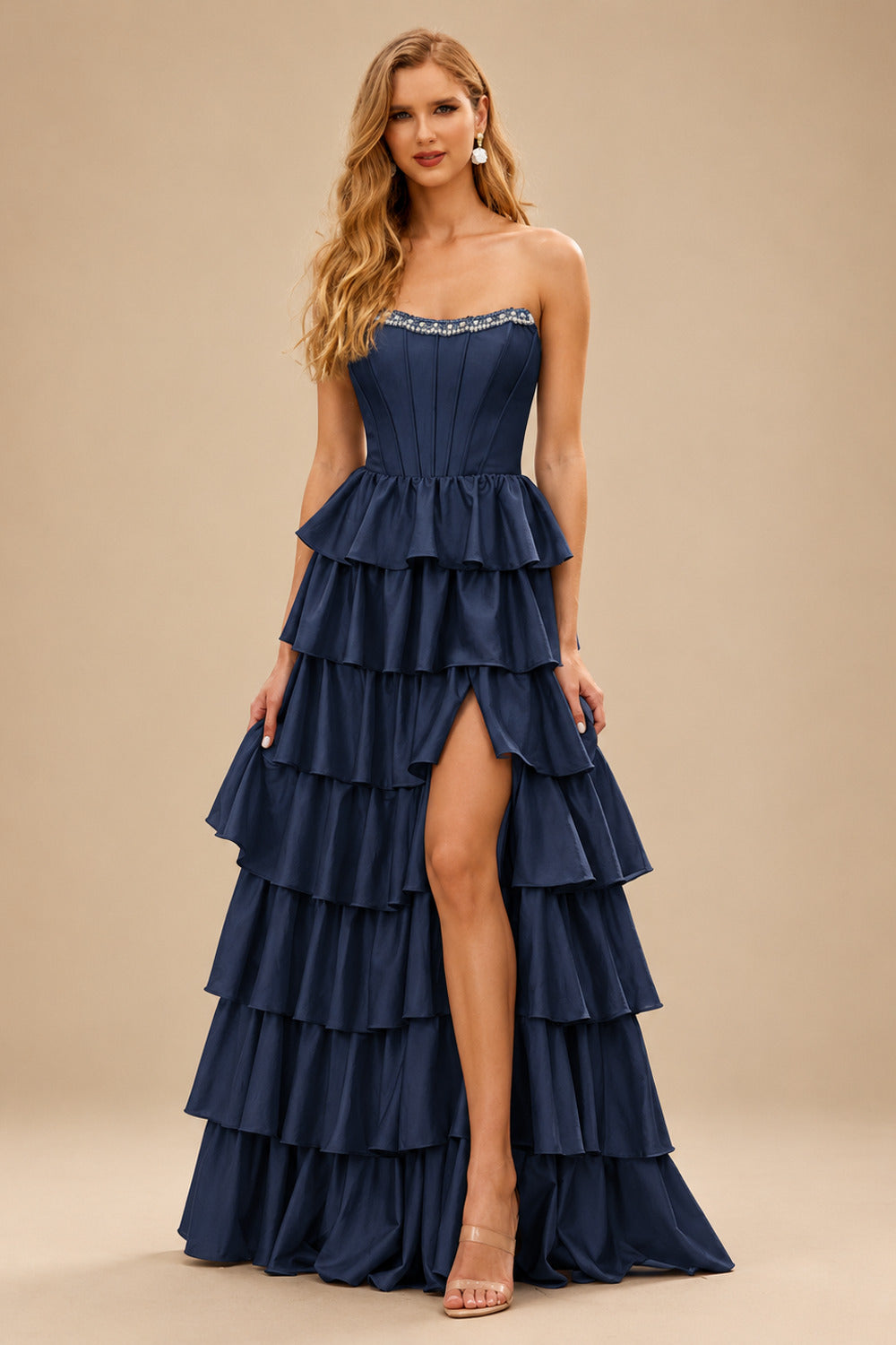 Rutipo Dark Navy A-line Square Neckline Strapless Corset Ruffle Slit Long Prom Dress with Beads