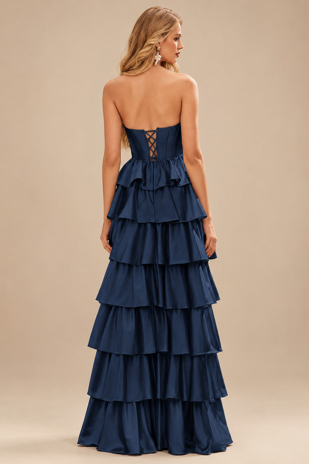 Rutipo Dark Navy A-line Square Neckline Strapless Corset Ruffle Slit Long Prom Dress with Beads