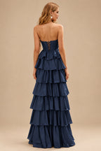 Rutipo Dark Navy A-line Square Neckline Strapless Corset Ruffle Slit Long Prom Dress with Beads
