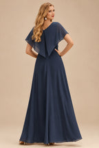 Rutipo Dark Navy A-line Square Neckline Strapless Corset Ruffle Slit Long Prom Dress with Beads