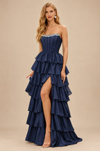 Rutipo Dark Navy A-line Square Neckline Strapless Corset Ruffle Slit Long Prom Dress with Beads