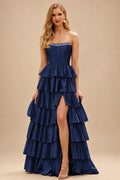 Rutipo Dark Navy A-line Square Neckline Strapless Corset Ruffle Slit Long Prom Dress with Beads