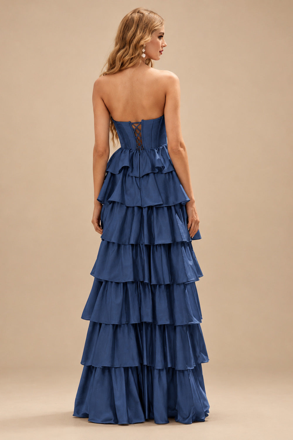 Rutipo Navy Blue A-line Square Neckline Strapless Corset Ruffle Slit Long Prom Dress with Beads