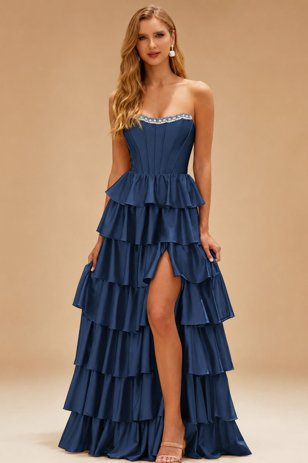 Rutipo Navy Blue A-line Square Neckline Strapless Corset Ruffle Slit Long Prom Dress with Beads