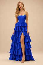 Rutipo Royal Blue A-line Square Neckline Strapless Corset Ruffle Slit Long Prom Dress with Beads