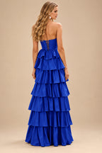 Rutipo Royal Blue A-line Square Neckline Strapless Corset Ruffle Slit Long Prom Dress with Beads
