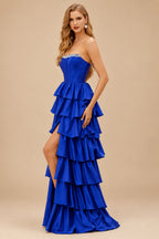 Rutipo Royal Blue A-line Square Neckline Strapless Corset Ruffle Slit Long Prom Dress with Beads