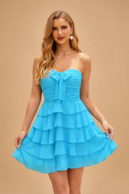Rutipo Blue A-line Ruched Strapless Chiffon Ruffled Homecoming Dress with Bow