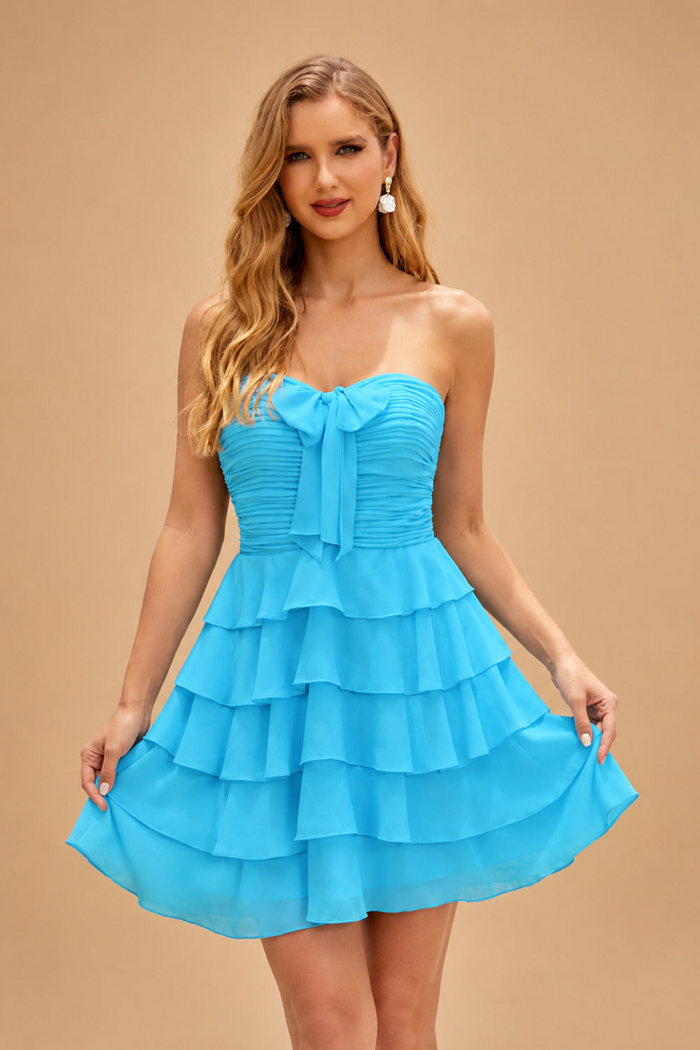 Rutipo Blue A-line Ruched Strapless Chiffon Ruffled Homecoming Dress with Bow
