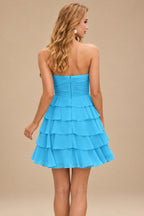 Rutipo Blue A-line Ruched Strapless Chiffon Ruffled Homecoming Dress with Bow