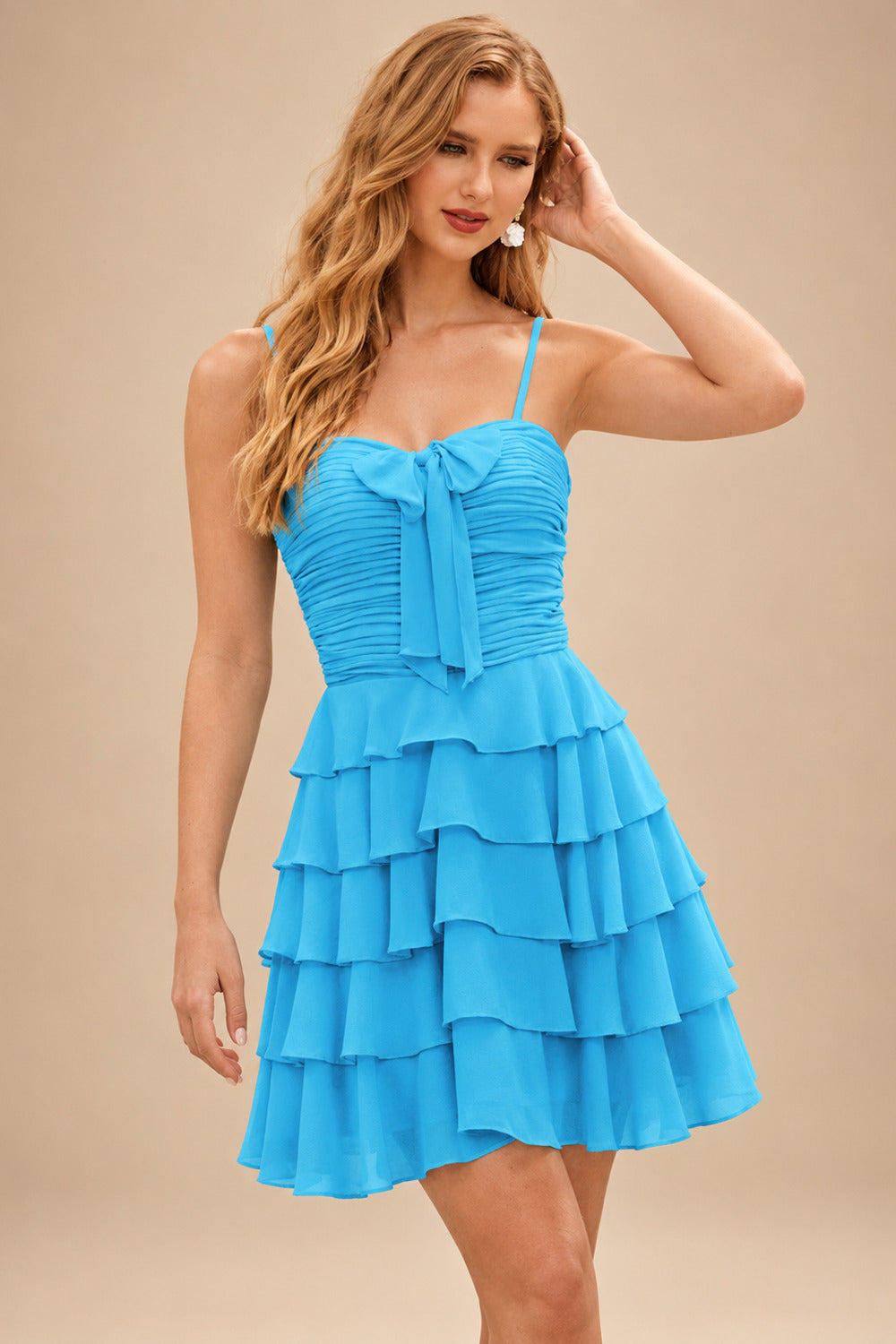 Rutipo Blue A-line Ruched Strapless Chiffon Ruffled Homecoming Dress with Bow