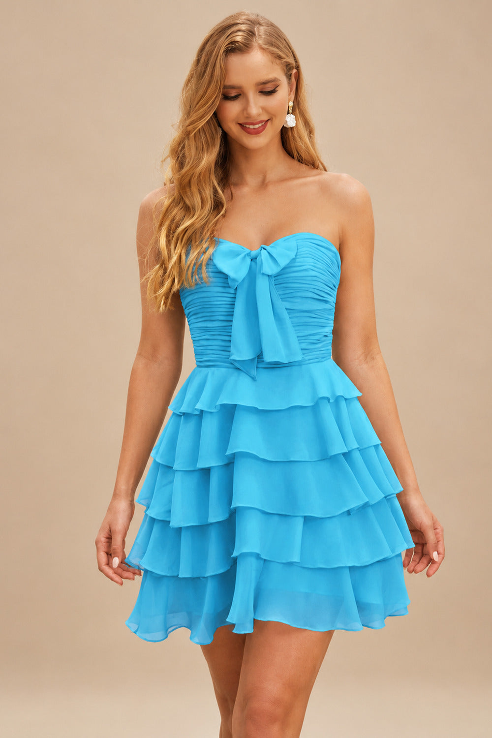 Rutipo Blue A-line Ruched Strapless Chiffon Ruffled Homecoming Dress with Bow