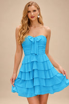 Rutipo Blue A-line Ruched Strapless Chiffon Ruffled Homecoming Dress with Bow