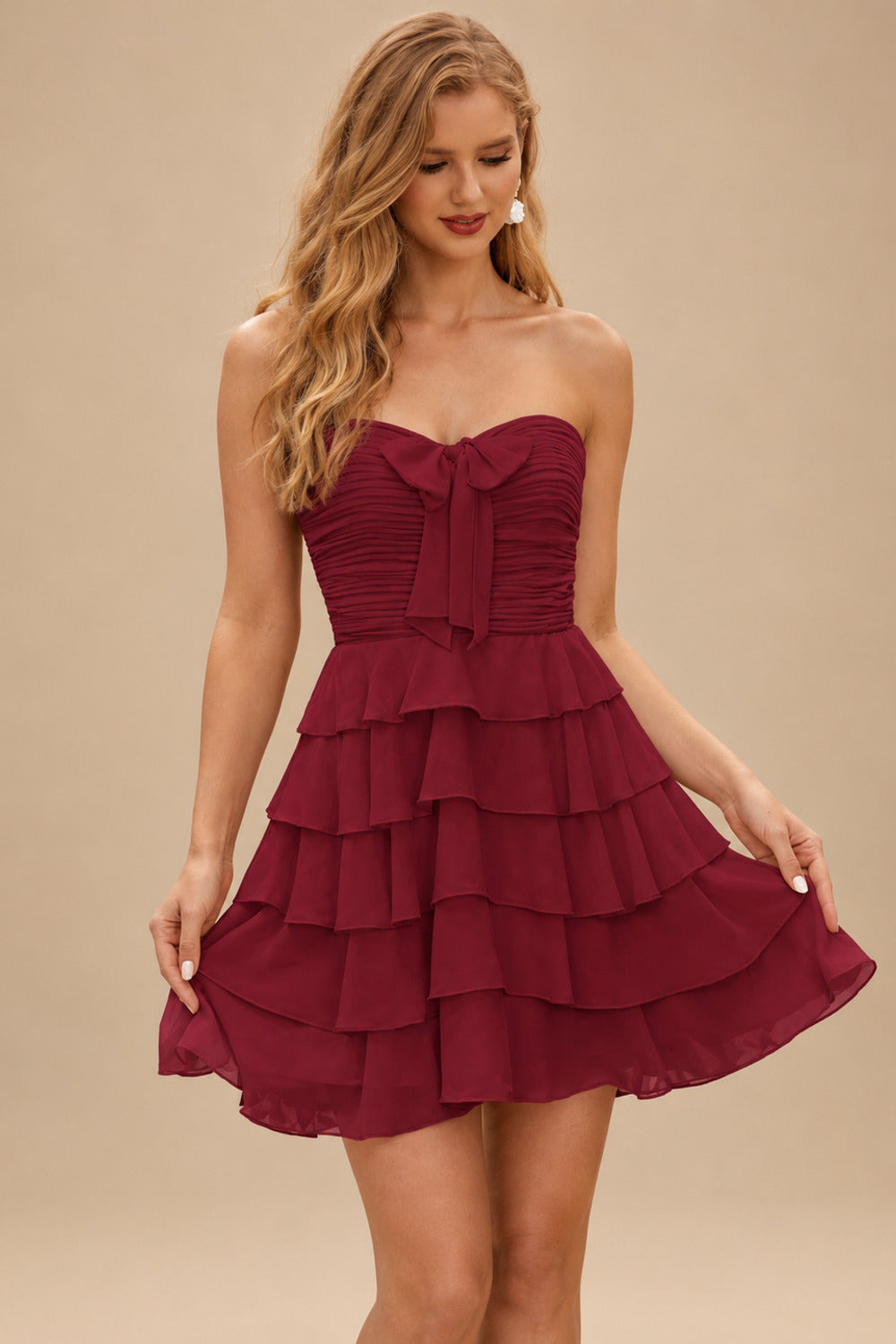 Rutipo Burgundy A-line Ruched Strapless Chiffon Ruffled Homecoming Dress with Bow